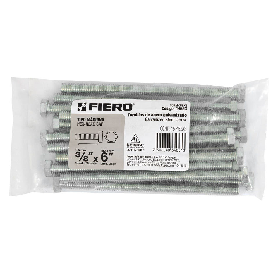 Bolsa con 15 tornillos 3/8' x 6' tipo máquina, FIERO, 44653