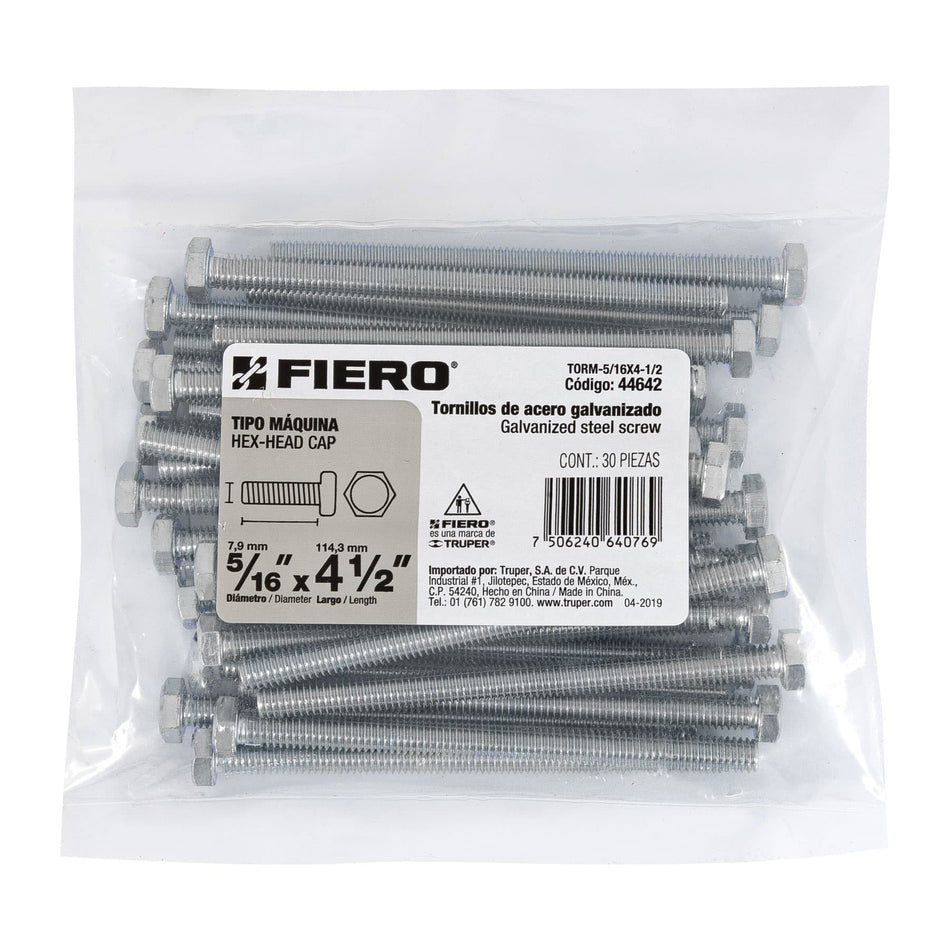 Bolsa con 30 tornillos 5/16' x 4-1/2' tipo máquina, FIERO Caja con 3, 44642