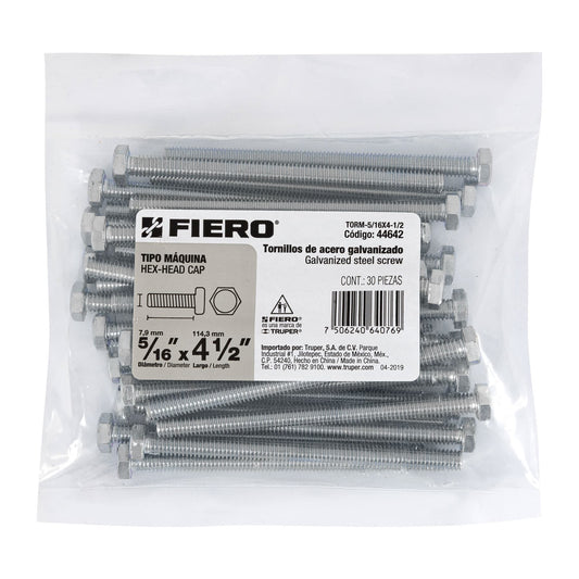 Bolsa con 30 tornillos 5/16' x 4-1/2' tipo máquina, FIERO Caja con 3, 44642