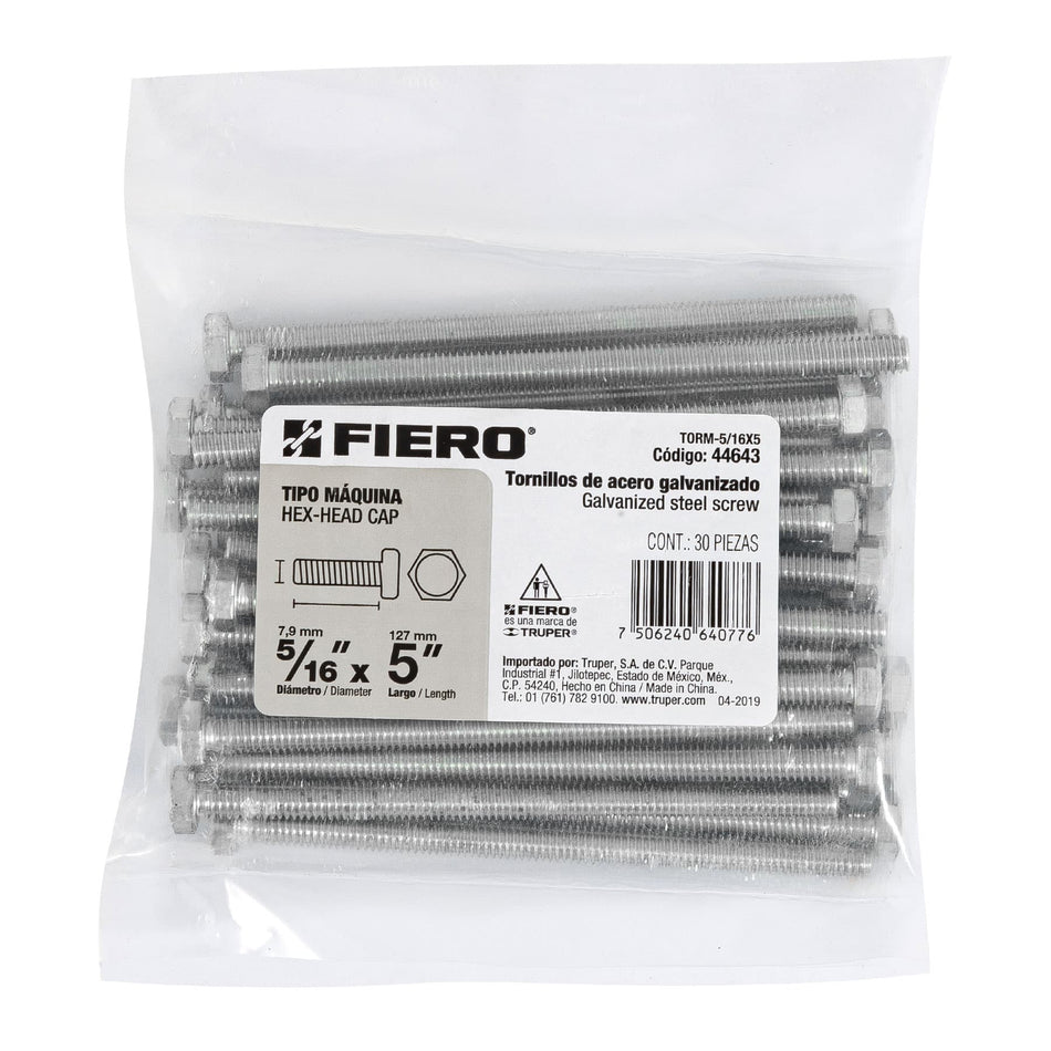 Bolsa con 30 tornillos 5/16' x 5' tipo máquina, FIERO Caja con 3, 44643