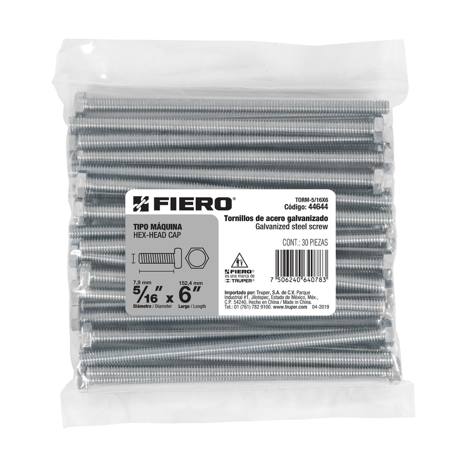 Bolsa con 30 tornillos 5/16' x 6' tipo máquina, FIERO Caja con 3, 44644