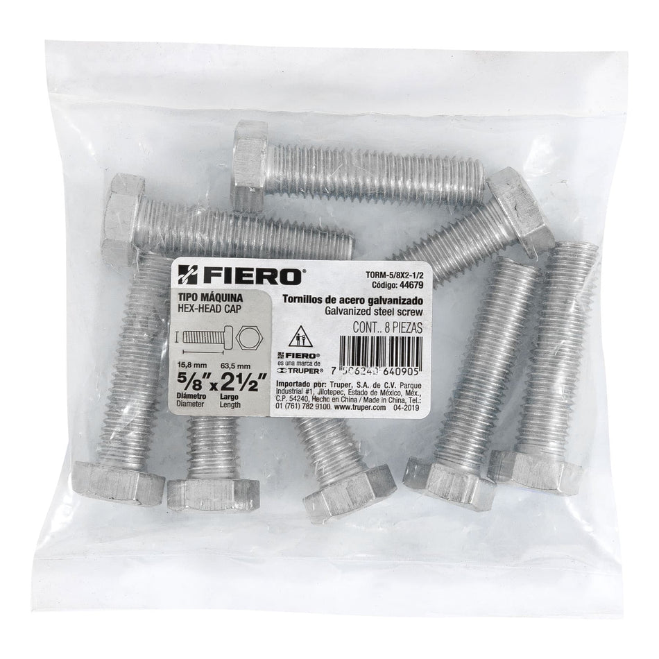 Bolsa con 8 tornillos 5/8' x 2-1/2' tipo máquina, FIERO, 44679