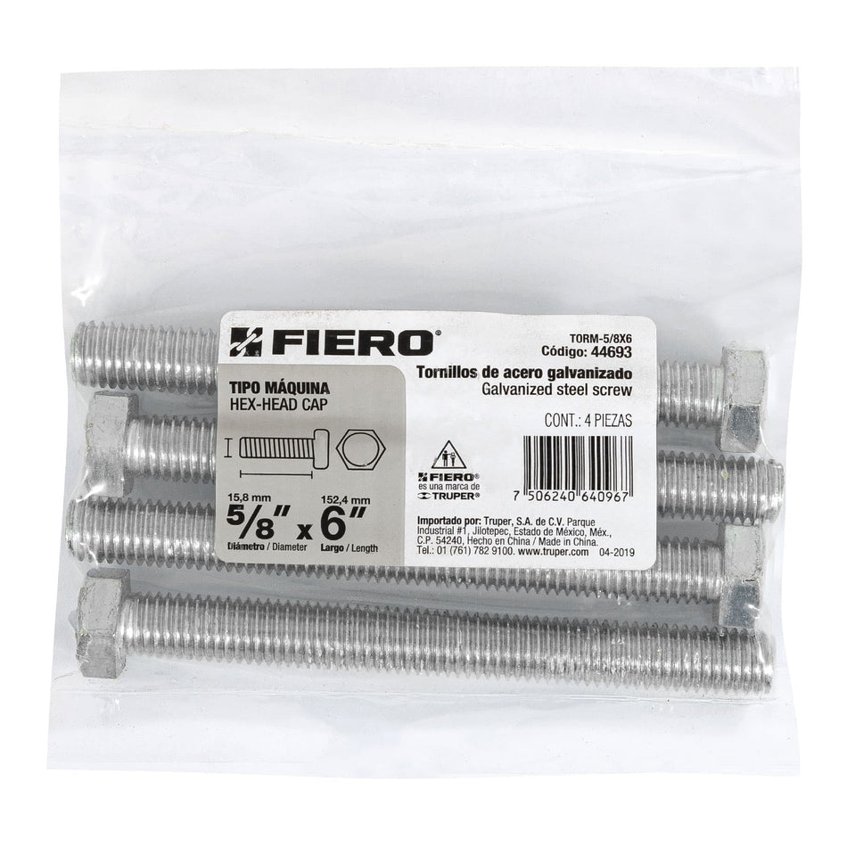 Bolsa con 4 tornillos 5/8' x 6' tipo máquina, FIERO, 44693