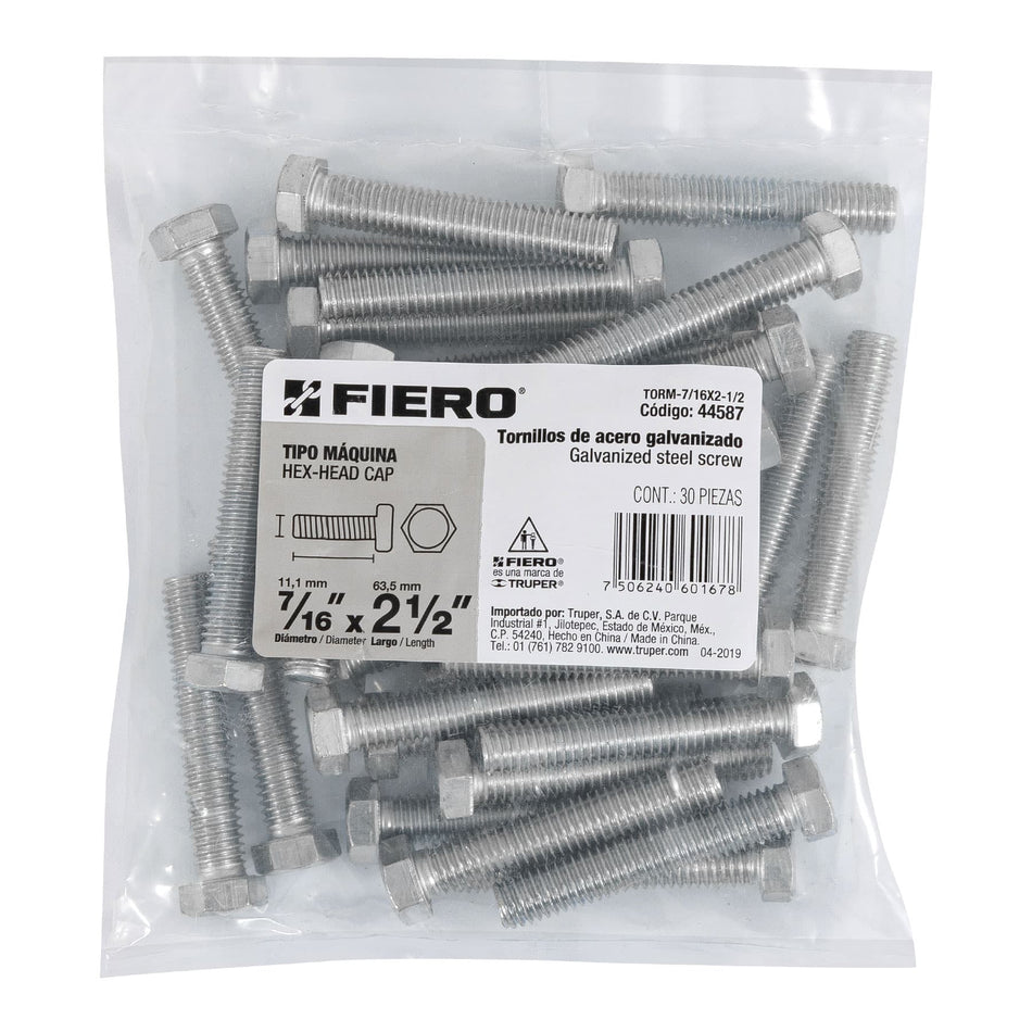 Bolsa con 30 tornillos 7/16' x 2-1/2' tipo máquina, FIERO Caja con 3, 44587