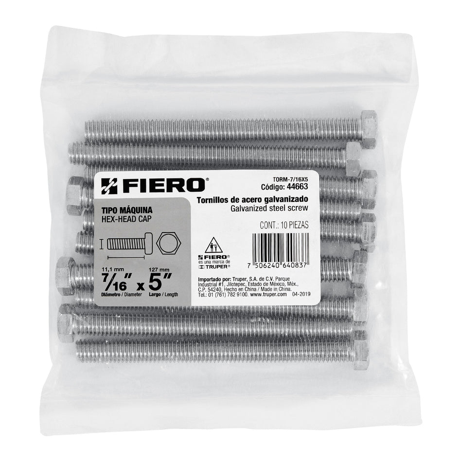 Bolsa con 10 tornillos 7/16' x 5' tipo máquina, FIERO, 44663