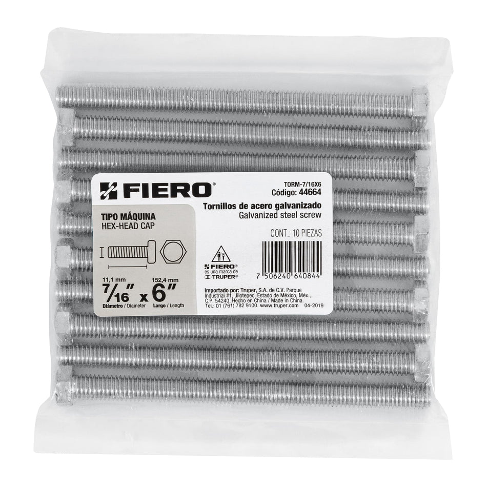 Bolsa con 10 tornillos 7/16' x 6' tipo máquina, FIERO, 44664