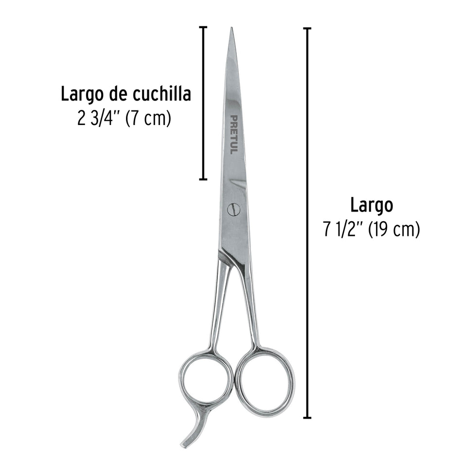 Tijera 7-1/2' acero inox con gancho, para estilista, PRETUL Caja con 6, 23178