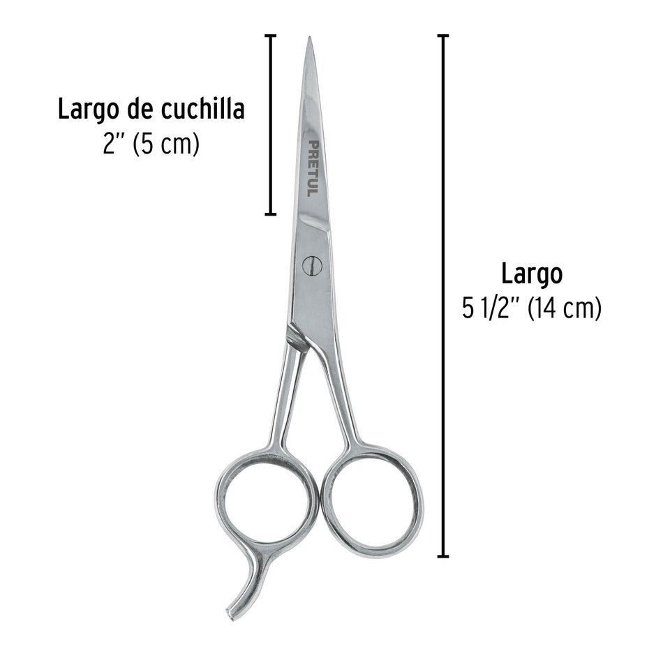 Tijera 5-1/2' acero inox con gancho, para estilista, PRETUL Caja con 6, 23168