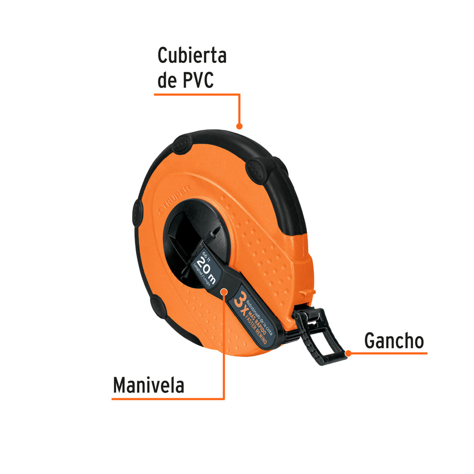 Cinta métrica larga 20m fibra de vidrio, carcasa plástica Caja con 3, 12638