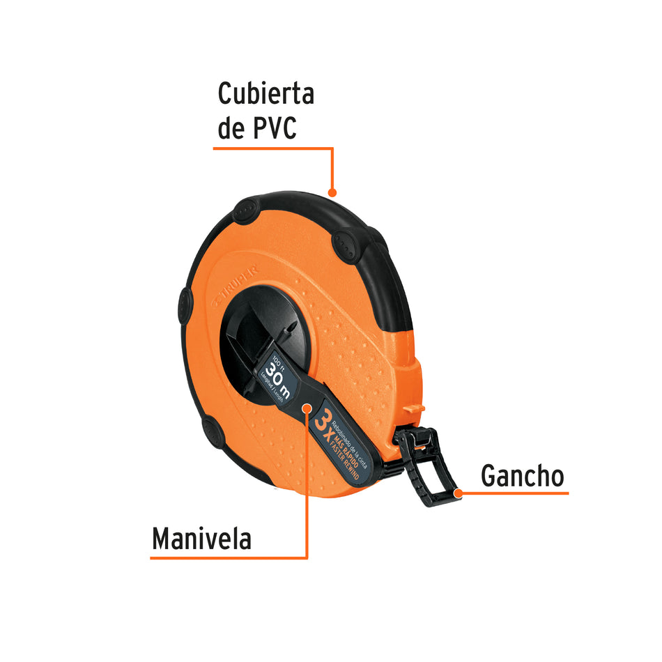Cinta métrica larga 30m fibra de vidrio, carcasa plástica Caja con 3, 12639