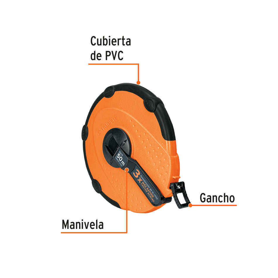 Cinta métrica larga 50m fibra de vidrio, carcasa plástica Caja con 3, 12640