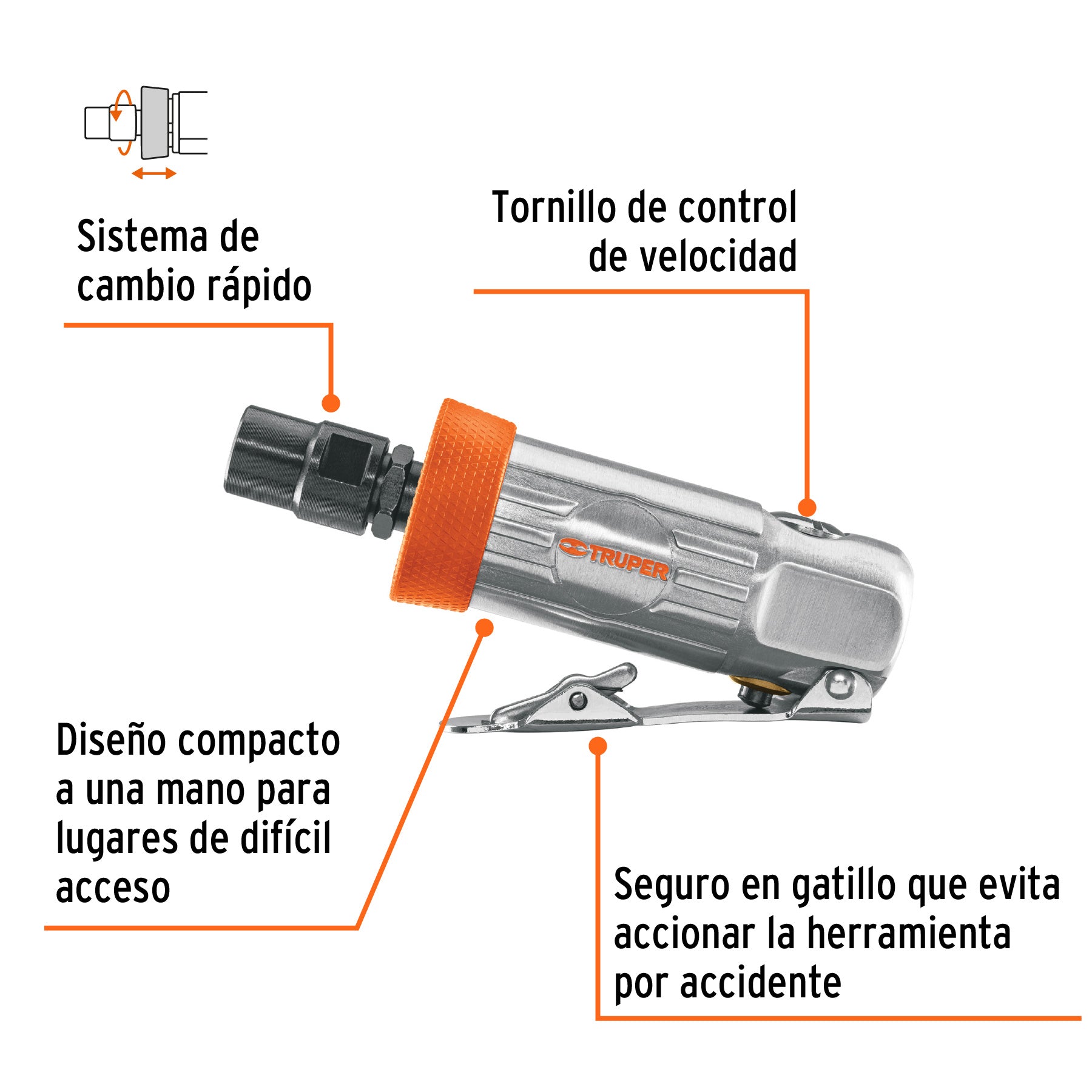 Rectificador neumático 1/4' recto, Truper, 11188