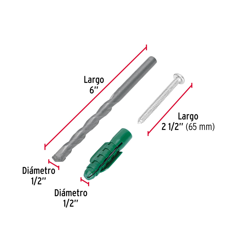 Kit de 20 taquetes 1/2' con pijas #14 y 1 broca 1/2', Fiero Caja con 10, 40162