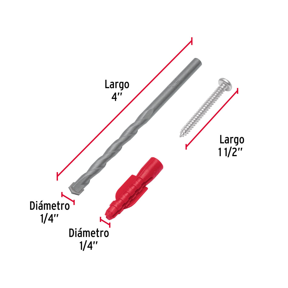 Kit de 20 taquetes 1/4' con pijas #8 y 1 broca 1/4', Fiero Caja con 20, 40159