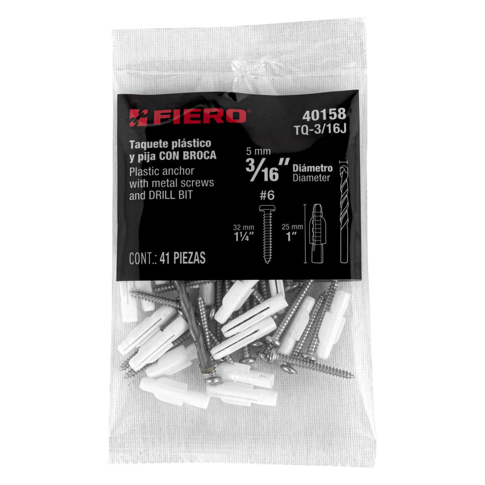 Kit de 20 taquetes 3/16' con pijas #6 y 1 broca 3/16', Fiero Caja con 10, 40158
