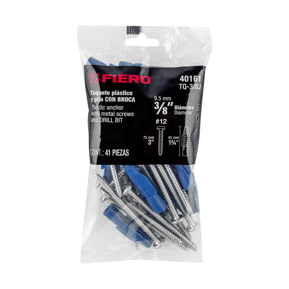 Kit de 20 taquetes 3/8' con pijas #12 y 1 broca 3/8', Fiero Caja con 10, 40161