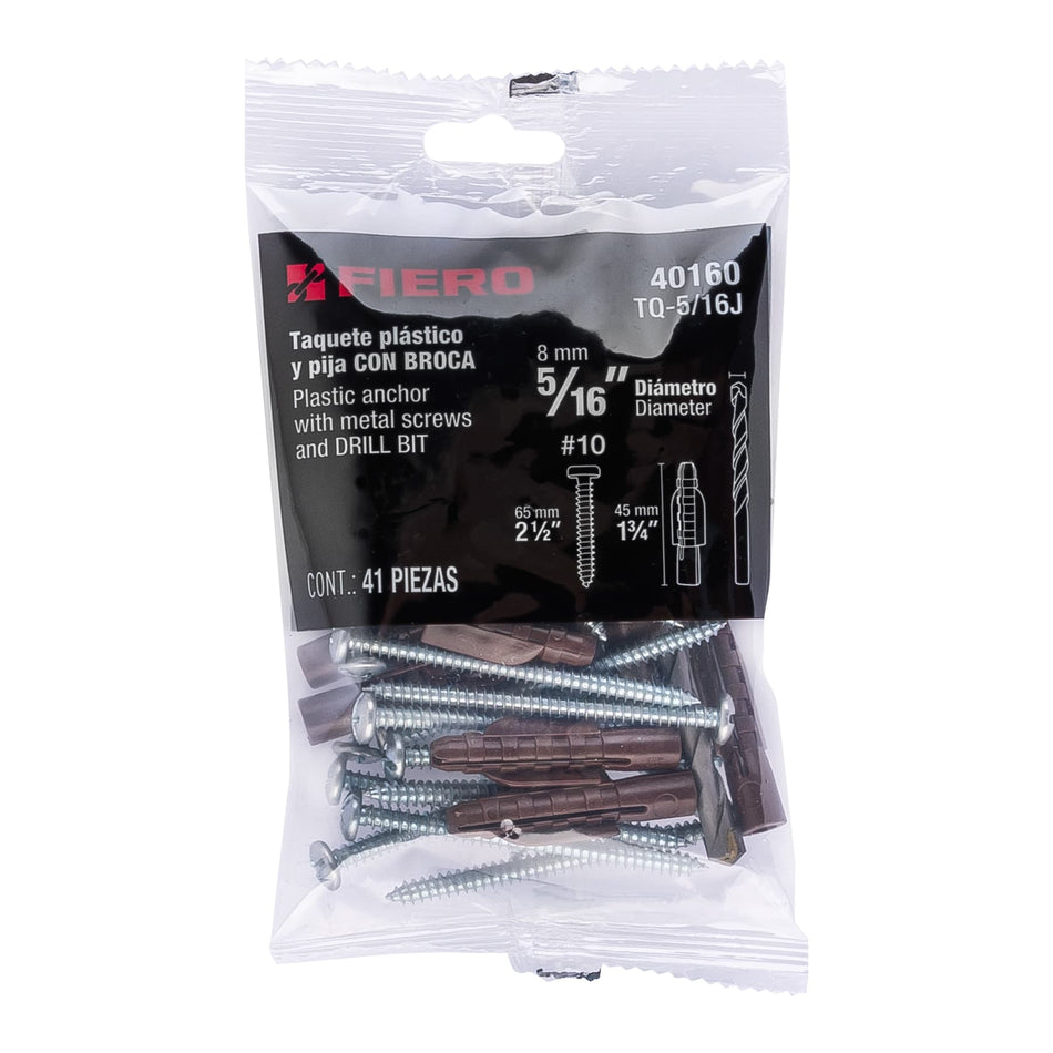 Kit de 20 taquetes 5/16'con pijas #10 y 1 broca 5/16', Fiero Caja con 10, 40160