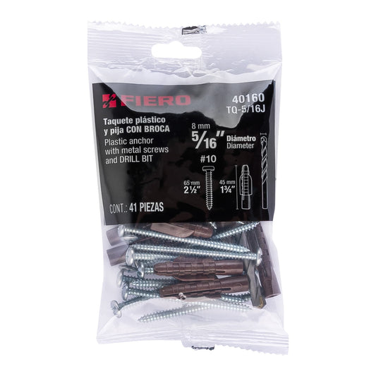 Kit de 20 taquetes 5/16'con pijas #10 y 1 broca 5/16', Fiero Caja con 10, 40160