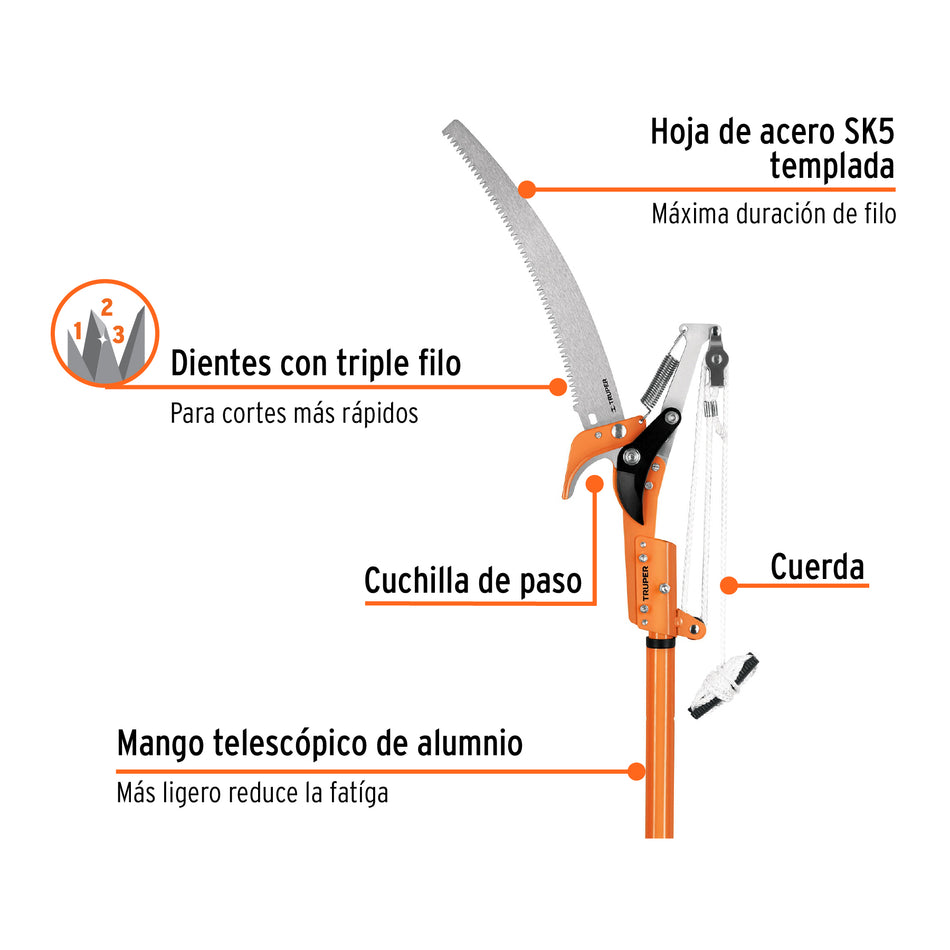 Cortador de ramas altas mango telescópico 2.4 m aluminio, 18409