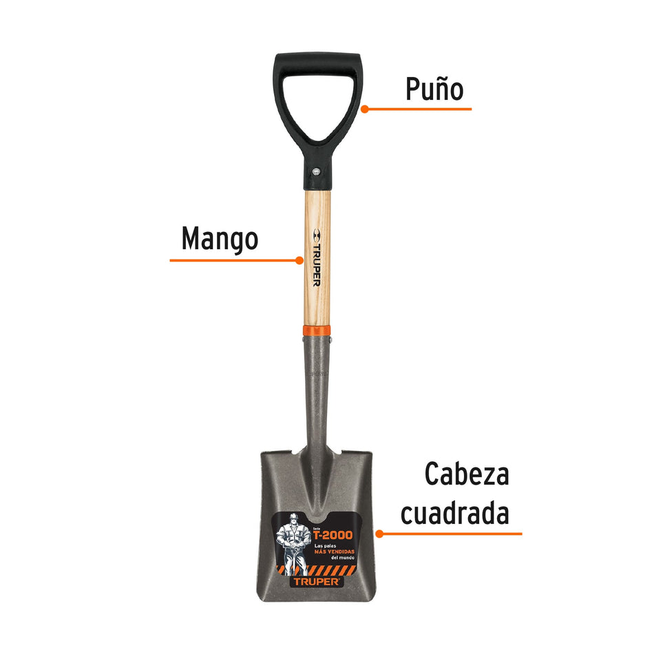 Pala cajuelera cuadrada, puño 'D' mango de madera, Truper Caja con 3, 17194