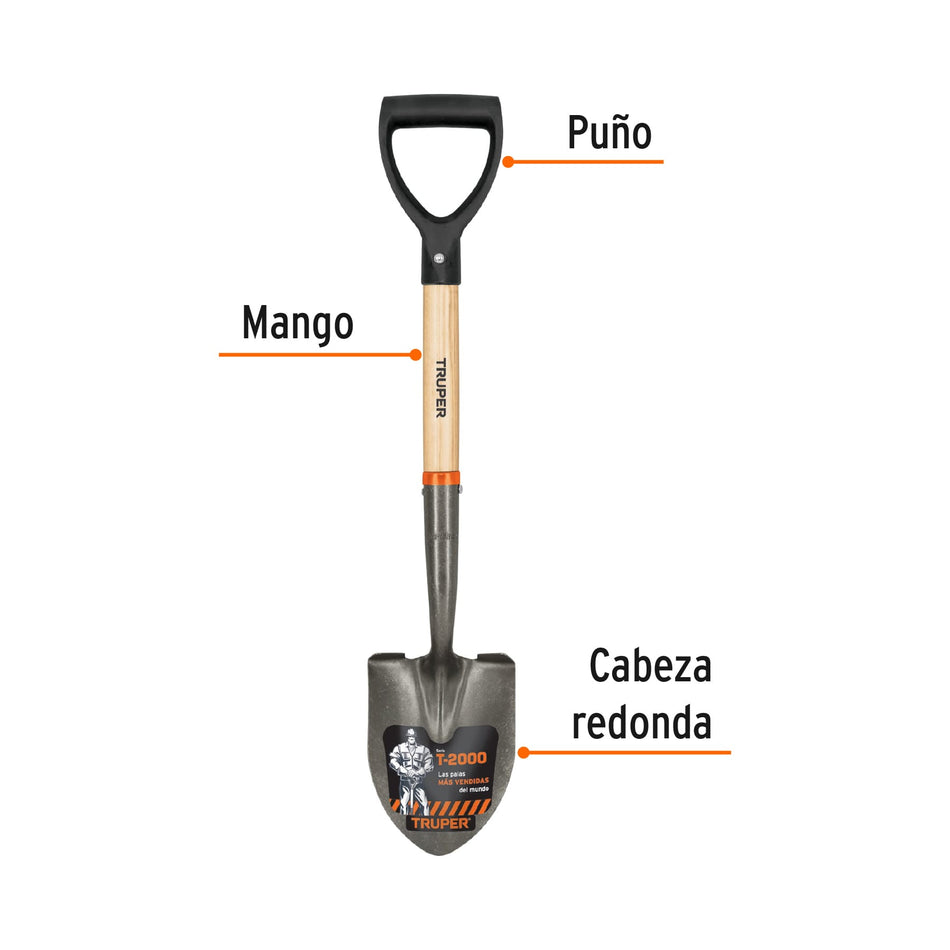 Pala cajuelera redonda, puño 'D' mango de madera, Truper Caja con 3, 17193