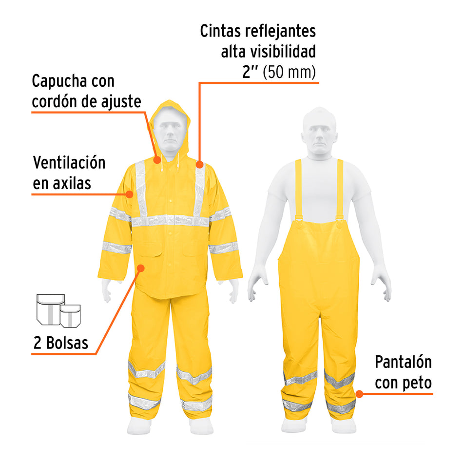 Conjunto impermeable doble capa amarillo con reflejante, CH Caja con 2, 18415