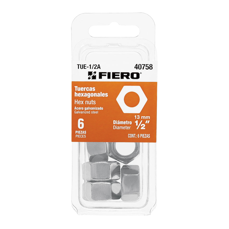 Blíster con 6 tuercas 1/2' hex de acero galvanizado, Fiero Caja con 12, 40758