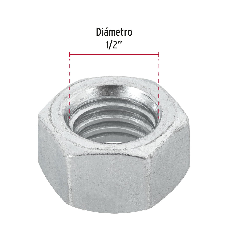 Bolsa con 50 tuercas 1/2' hexagonales de acero galvanizado Caja con 6, 44552