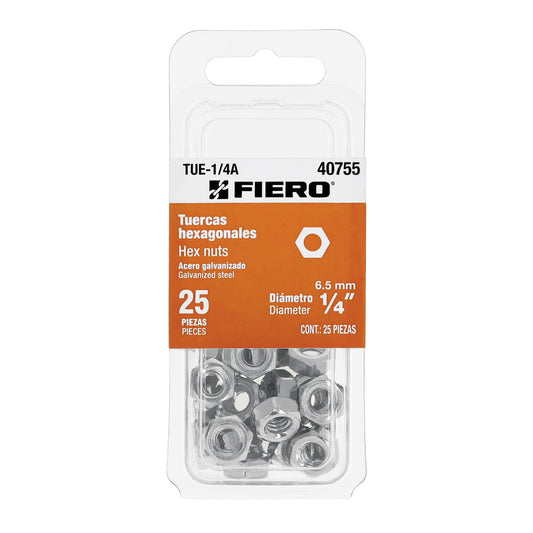 Blíster con 25 tuercas 1/4' hex de acero galvanizado, Fiero Caja con 12, 40755