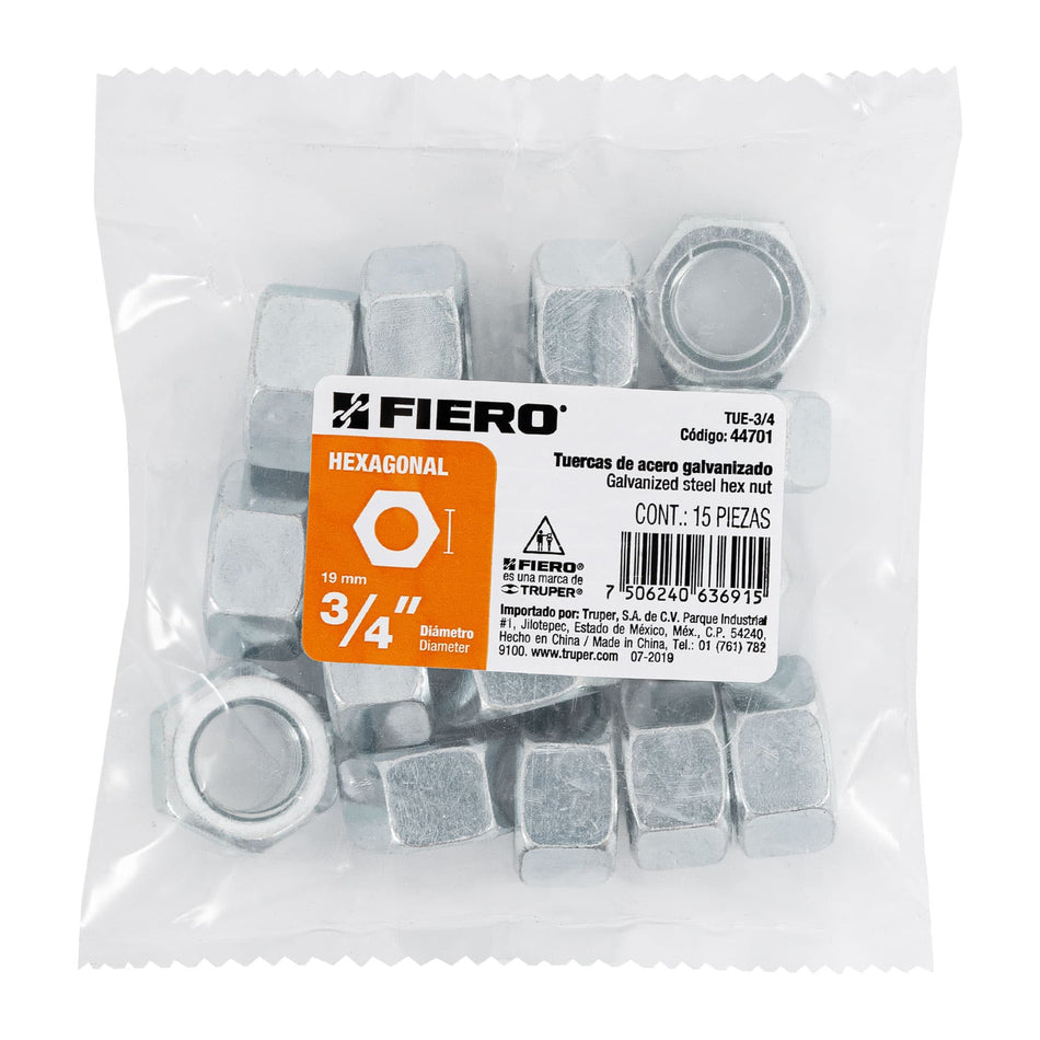 Bolsa con 15 tuercas 3/4' hexagonales de acero galvanizado Caja con 6, 44701