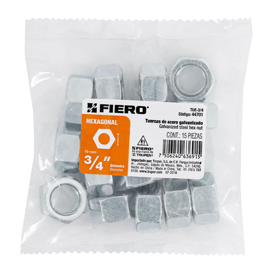 Bolsa con 15 tuercas 3/4' hexagonales de acero galvanizado Caja con 6, 44701