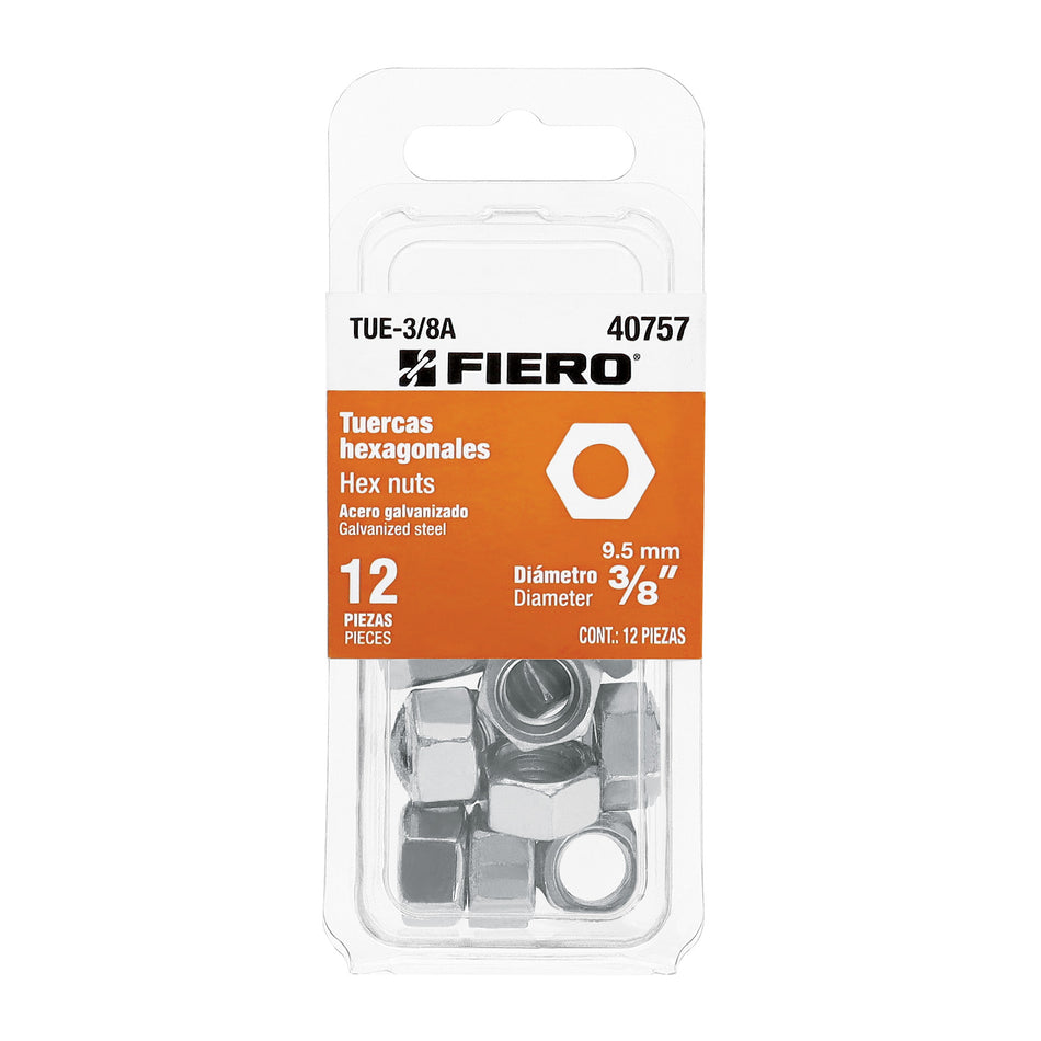 Blíster con 12 tuercas 3/8' hex de acero galvanizado, Fiero Caja con 12, 40757