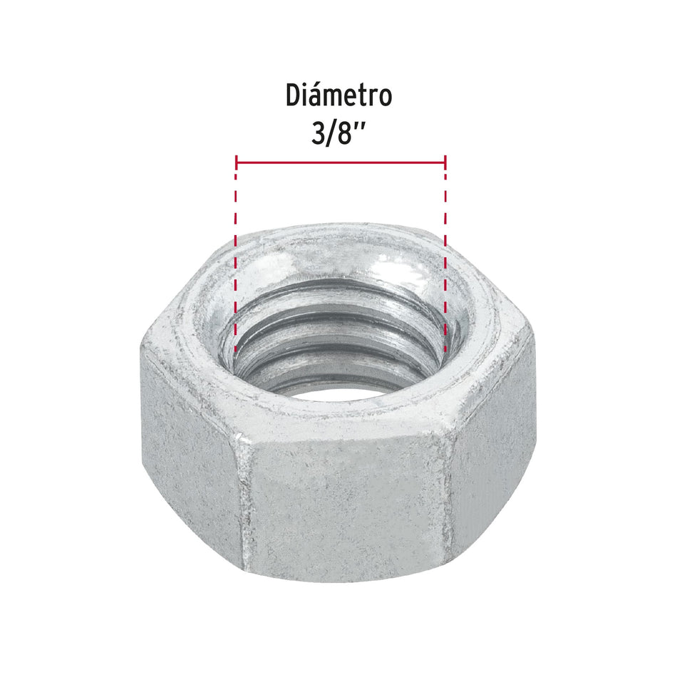 Bolsa con 100 tuercas 3/8' hexagonales de acero galvanizado Caja con 6, 44550