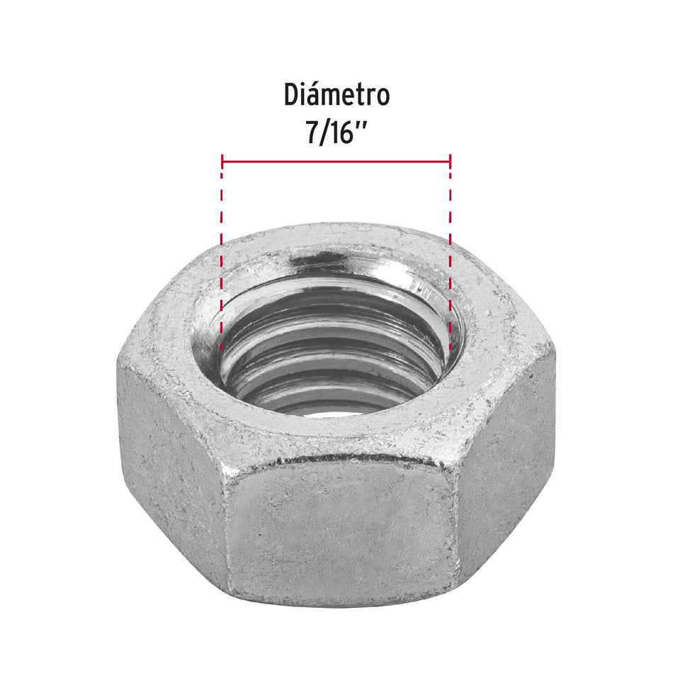 Bolsa con 60 tuercas 7/16' hexagonales de acero galvanizado Caja con 6, 44551
