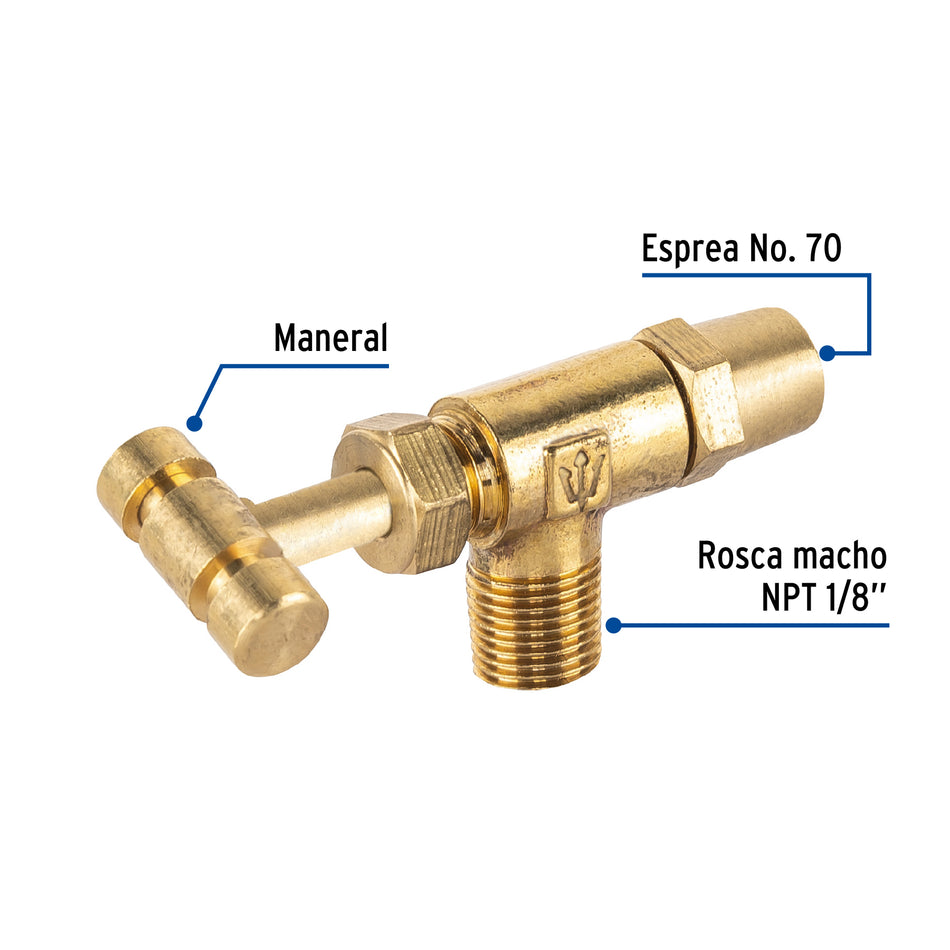 Válvula horizontal de latón 1/8' para gas LP, con maneral Caja con 6, 49976