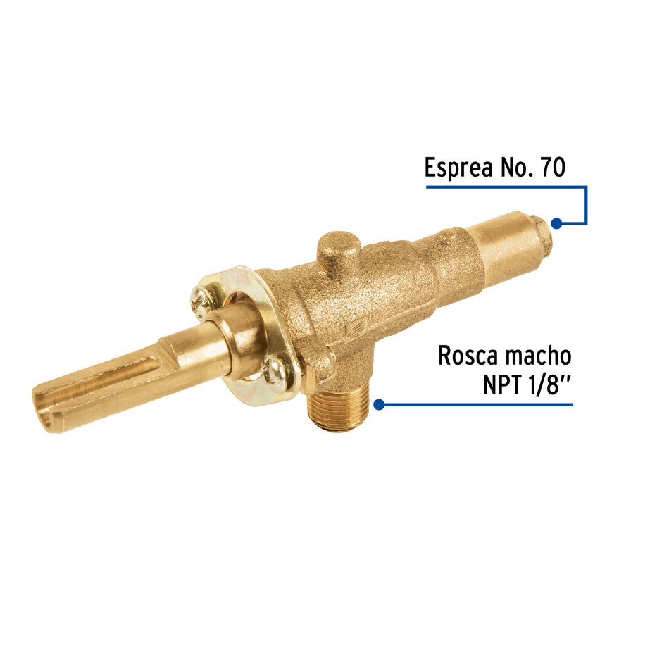 Válvula horizontal de latón 1/8' para gas LP, sin maneral Caja con 6, 49977