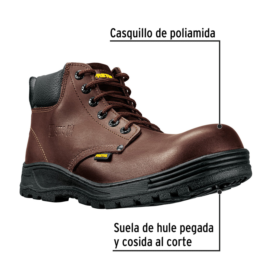 Bota de seguridad café, #25, casquillo de poliamida, PRETUL, 25980