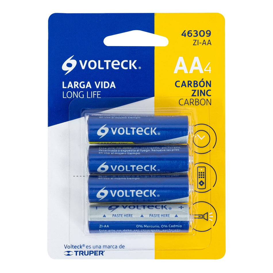 Blíster con 4 pilas zinc-carbón AA, VOLTECK Caja con 10, 46309