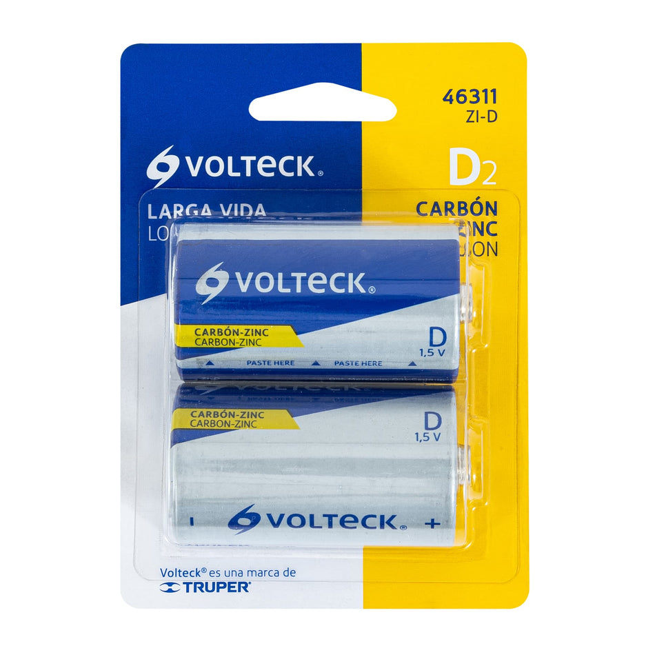 Blíster con 2 pilas zinc-carbón D, VOLTECK Caja con 6, 46311
